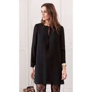 Sézane Sezane | Black Long Sleeve Mini Dress Tie Neck Shift Dress | Sz 38